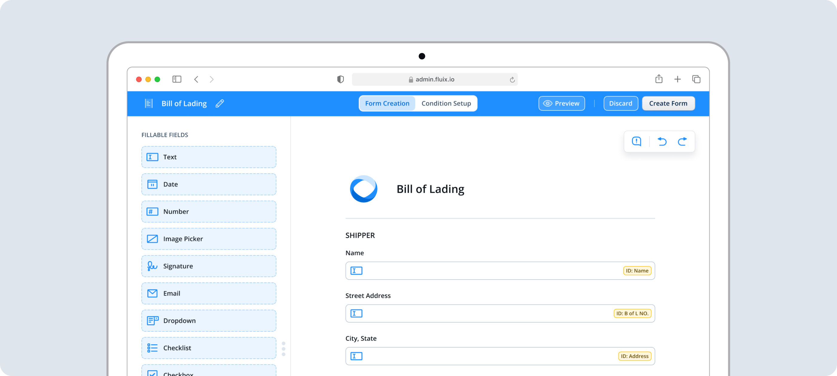 Example of how a PDF looks like in the Fluix form builder