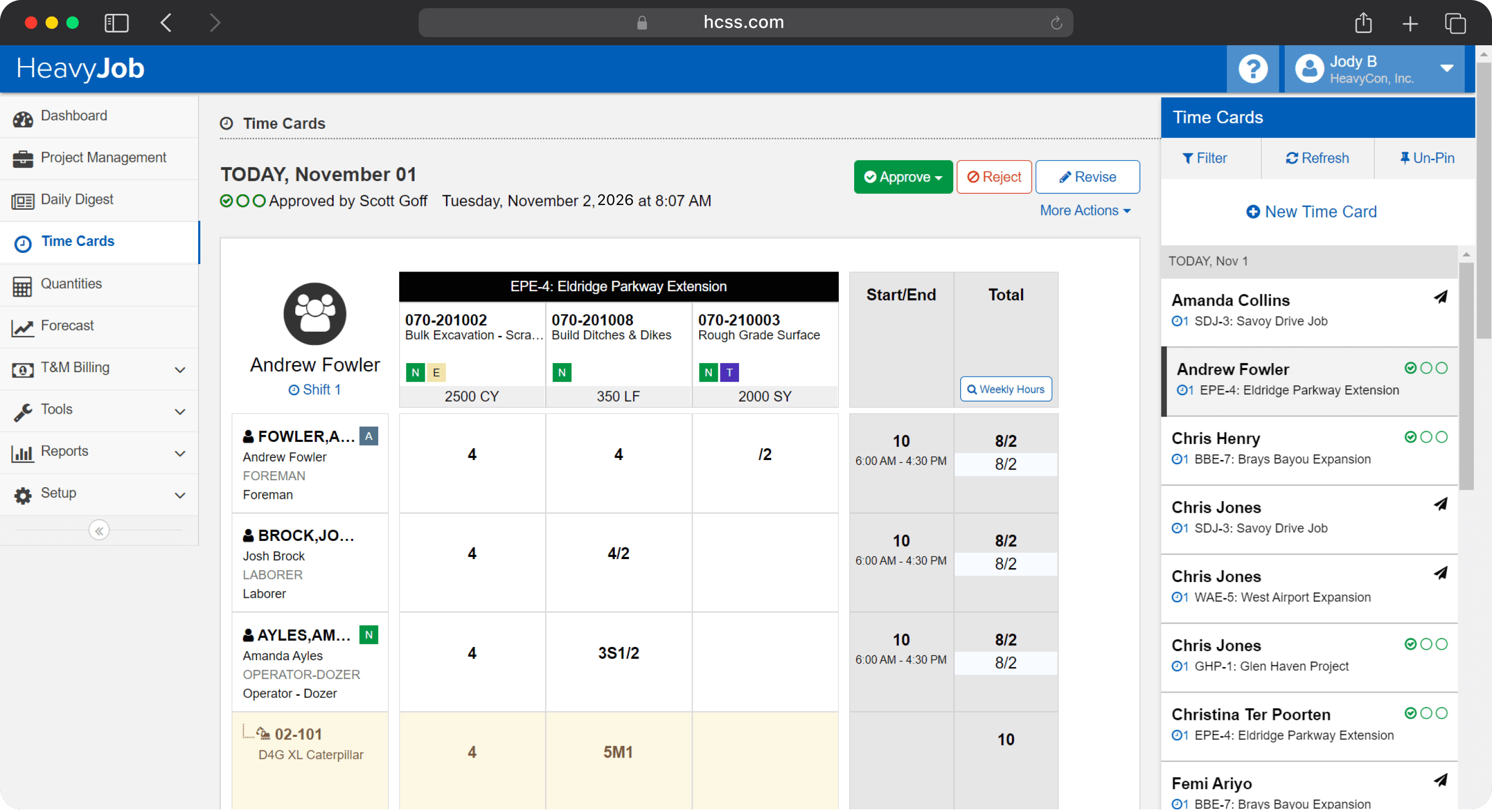 HCSS time card with tasks completed