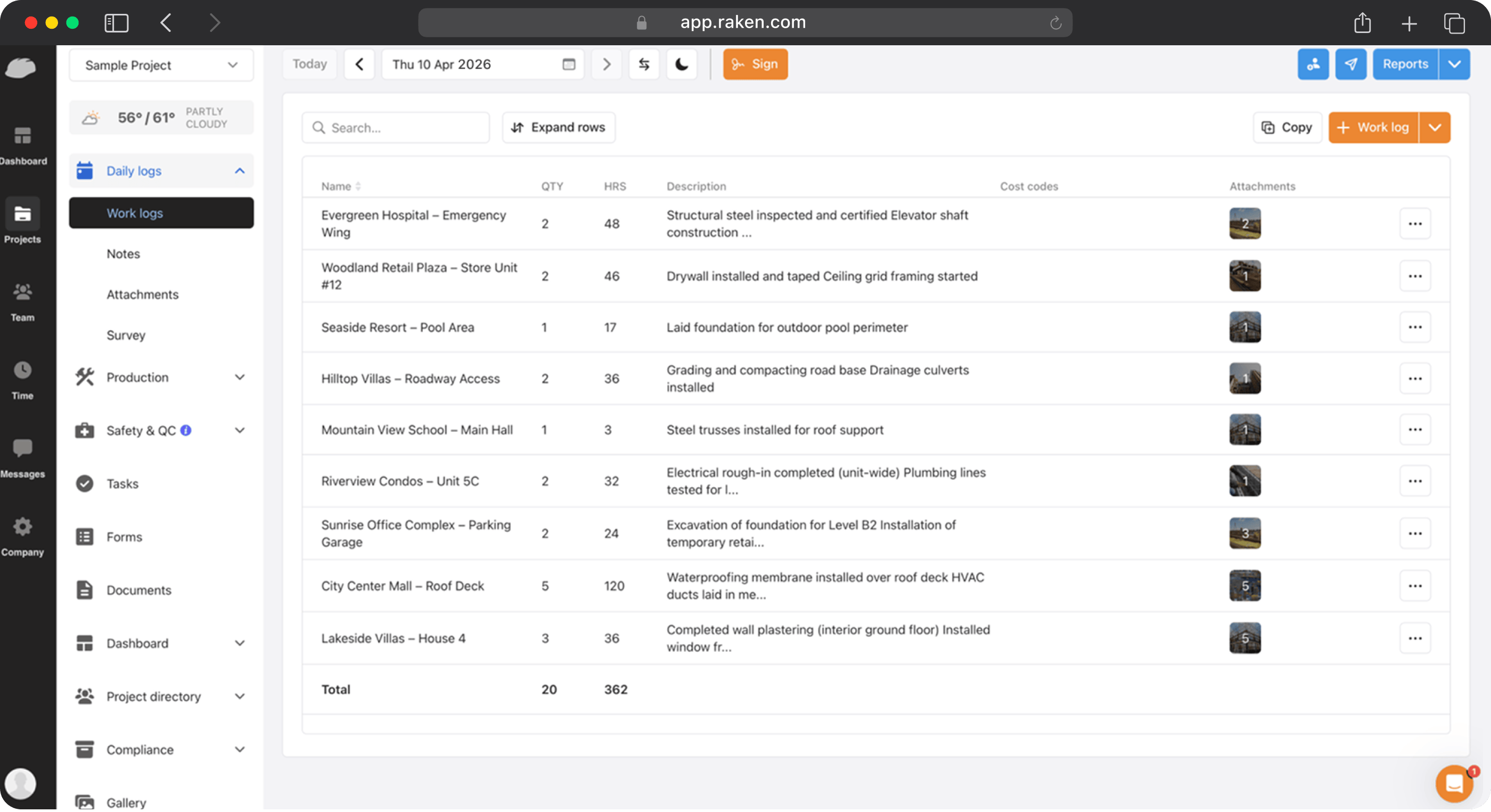 Raken work logs with details and hours spent