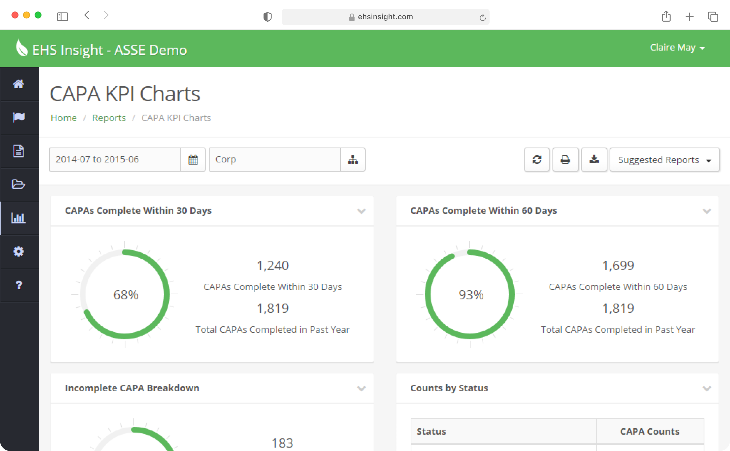 EHS Insight compliance platform showing safety audit management and CAPA workflow dashboard
