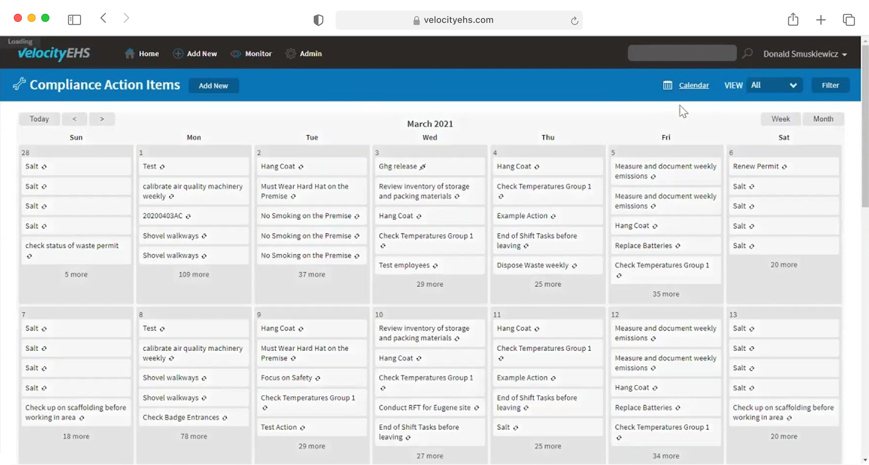 VelocityEHS’s tasks and actions items in a calendar view