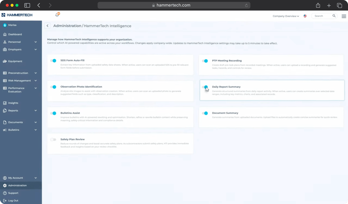 Settings section in the Hammertech product