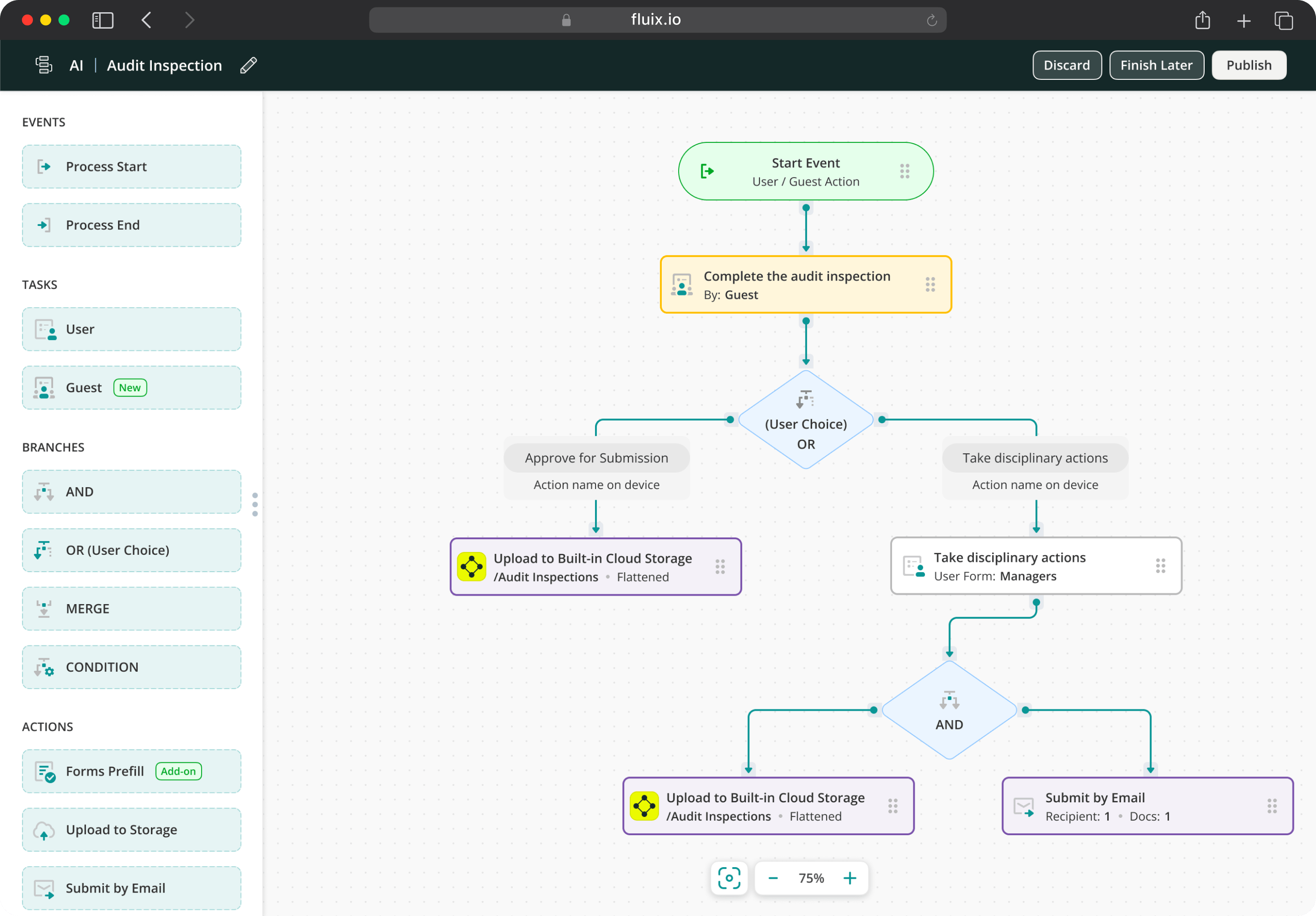 The branching logic in Fluix's workflow builder makes it clear how an inspection moves from field submission to review, storage, or escalation.