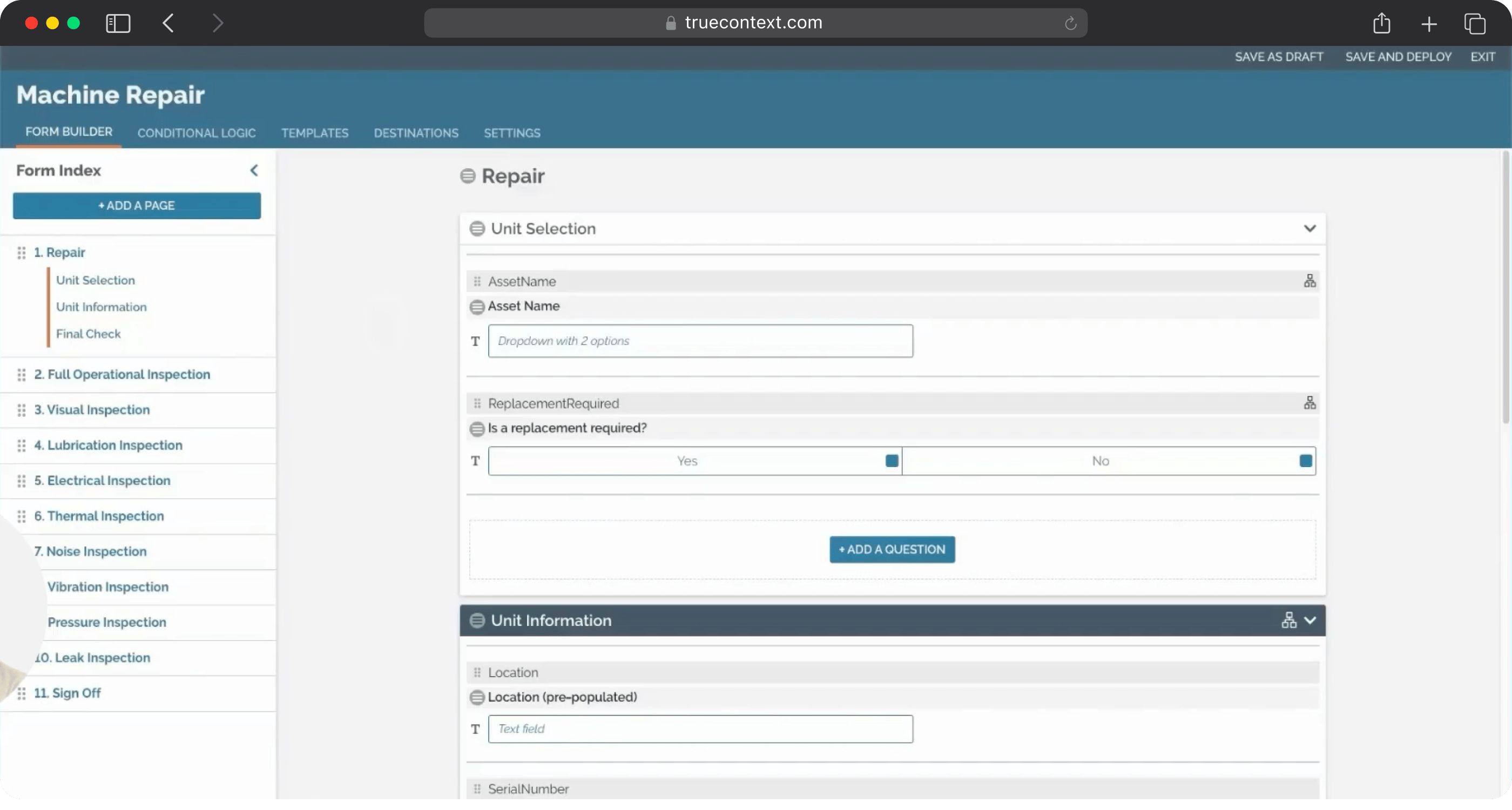 TrueContext's form builder structures complex inspection types into distinct sections