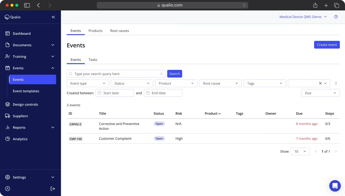 Qualio quality events dashboard in a medical device QMS demo