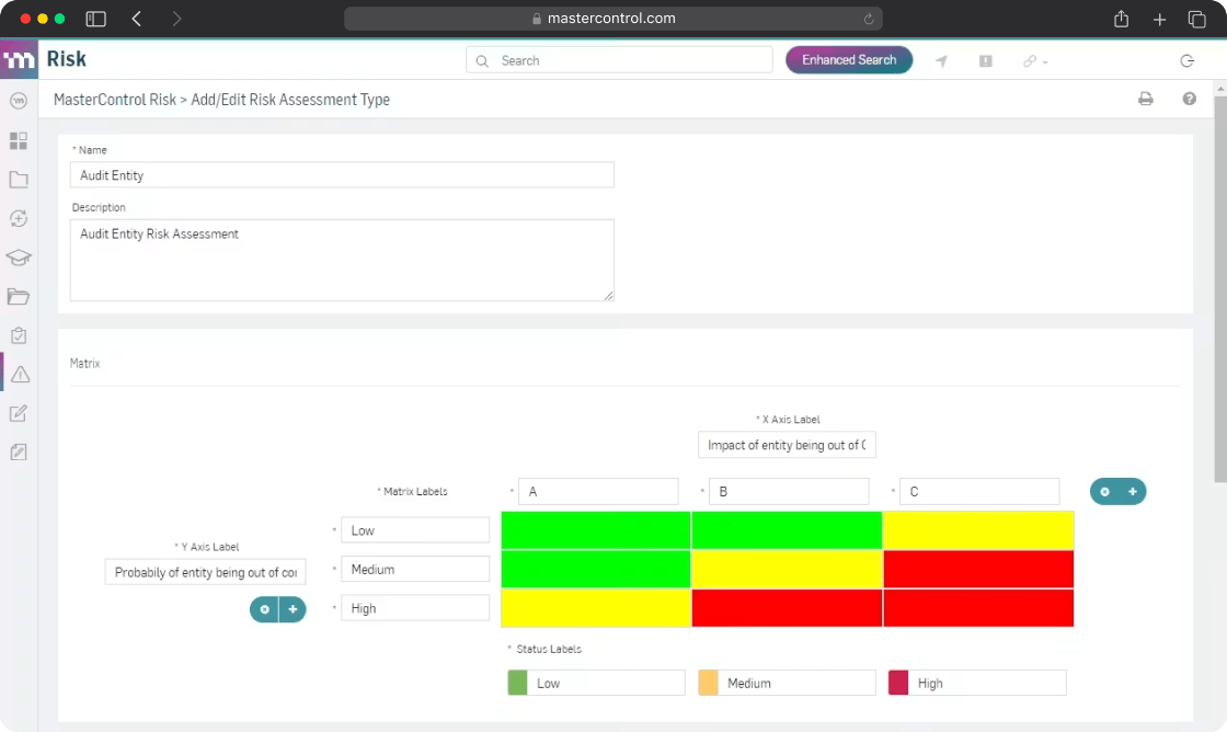 MasterControl risk assessment matrix builder showing a configurable audit entity risk assessment