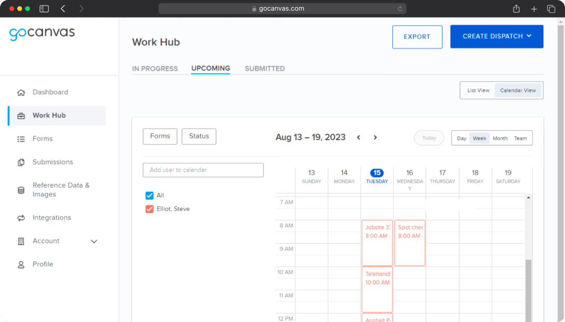 GoCanvas Work Hub showing a weekly calendar view with upcoming inspection jobs 