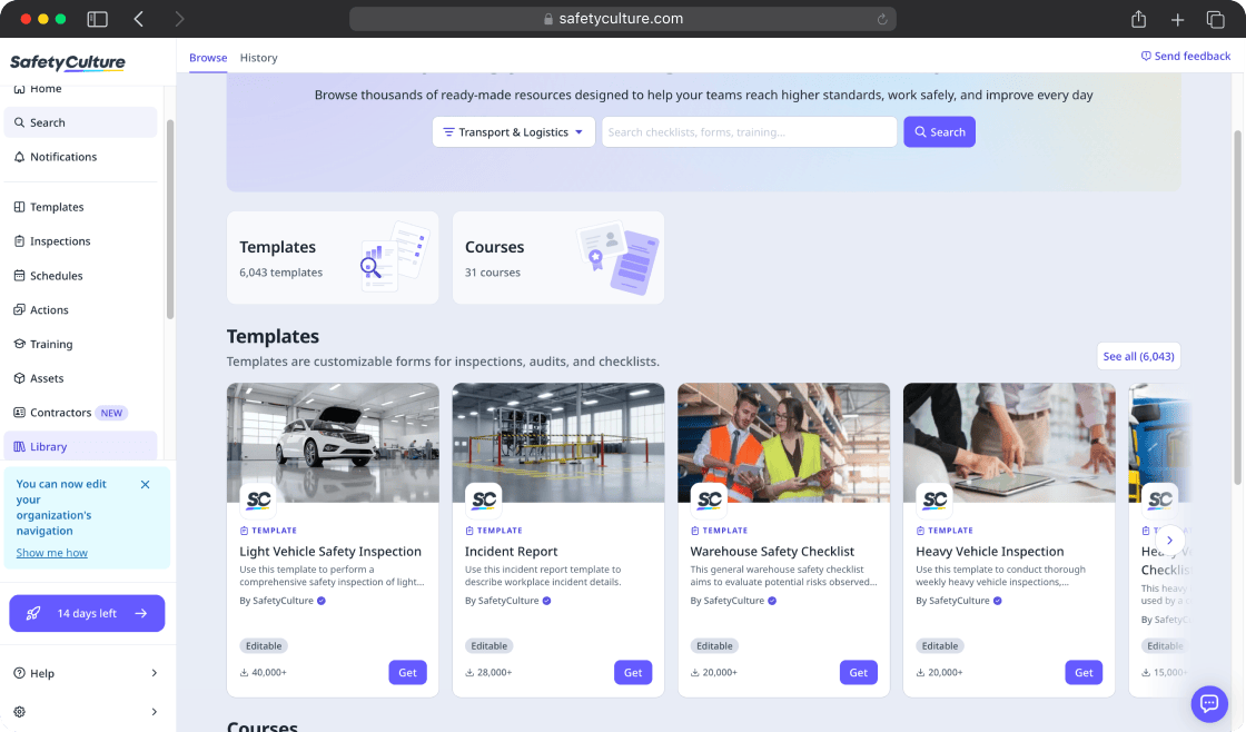 SafetyCulture standard dashboard with starting templates