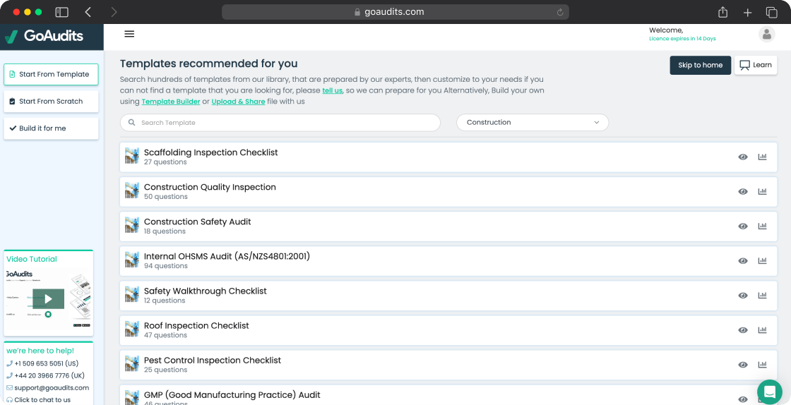 GoAudits starting page with recommended themplates