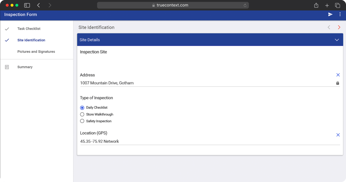 TrueContext inspection form settings