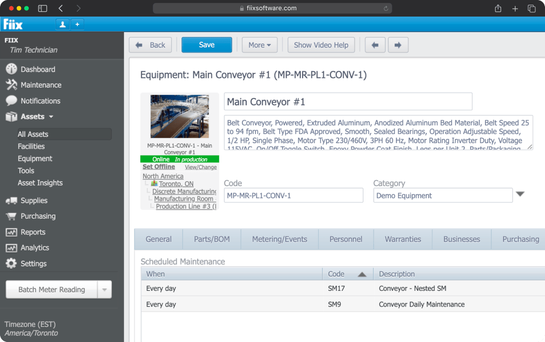 Fiix asset management screen showing equipment record with scheduled maintenance tasks, asset hierarchy, and parts tracking
