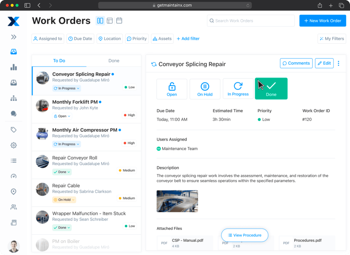 MaintainX work order management screen showing active maintenance tasks with priority levels and due dates