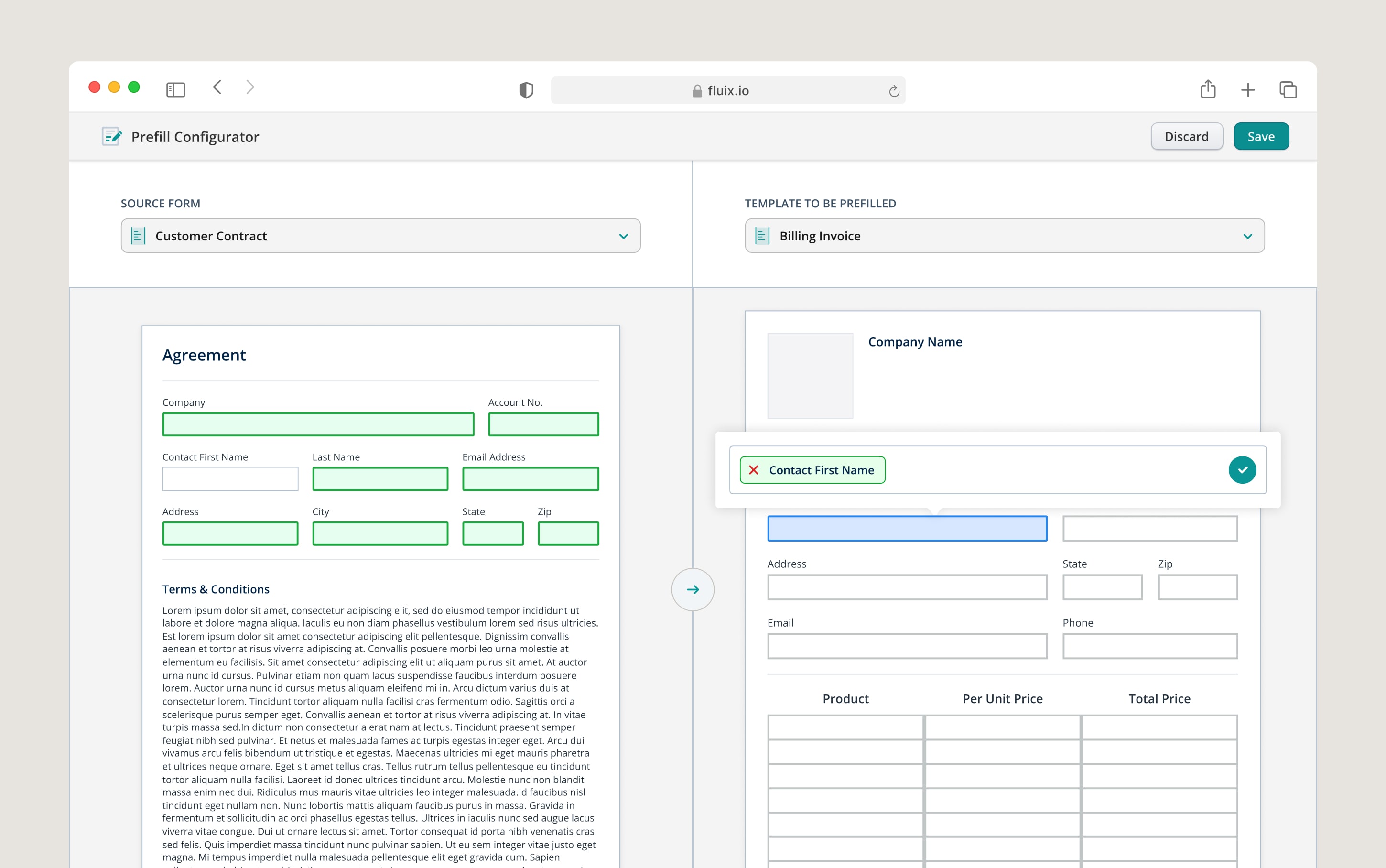 Fluix Prefill Configurator mapping fields from a Customer Contract form to a Billing Invoice template