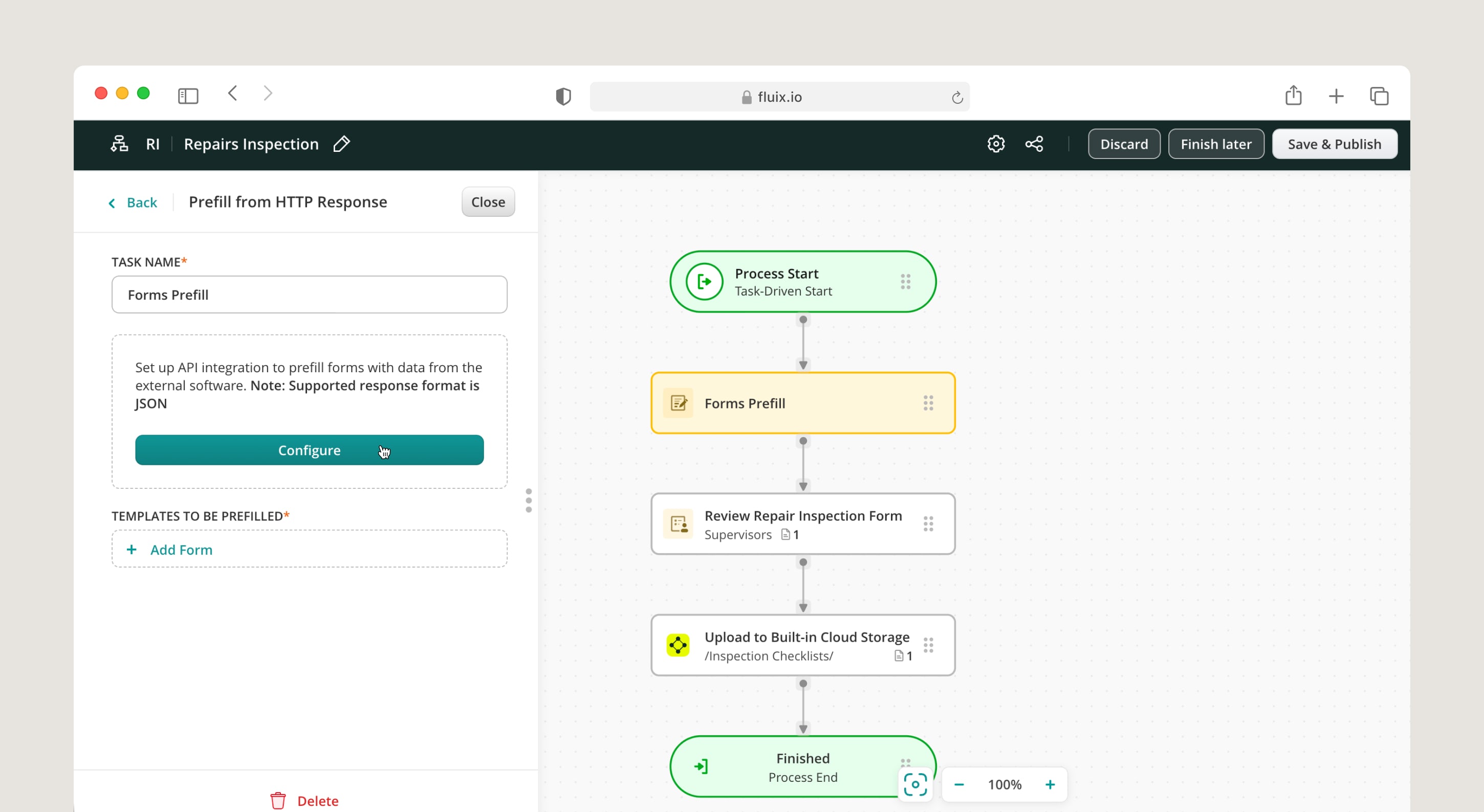 Fluix workflow with a Forms Prefill task set up to pull data from an external API via HTTP Response