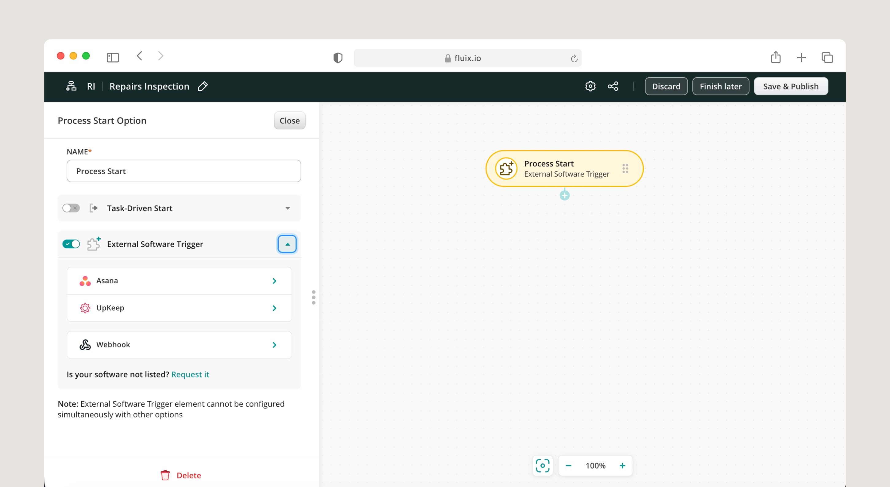 Fluix Process Start configured as External Software Trigger, listing Asana, UpKeep, and Webhook options
