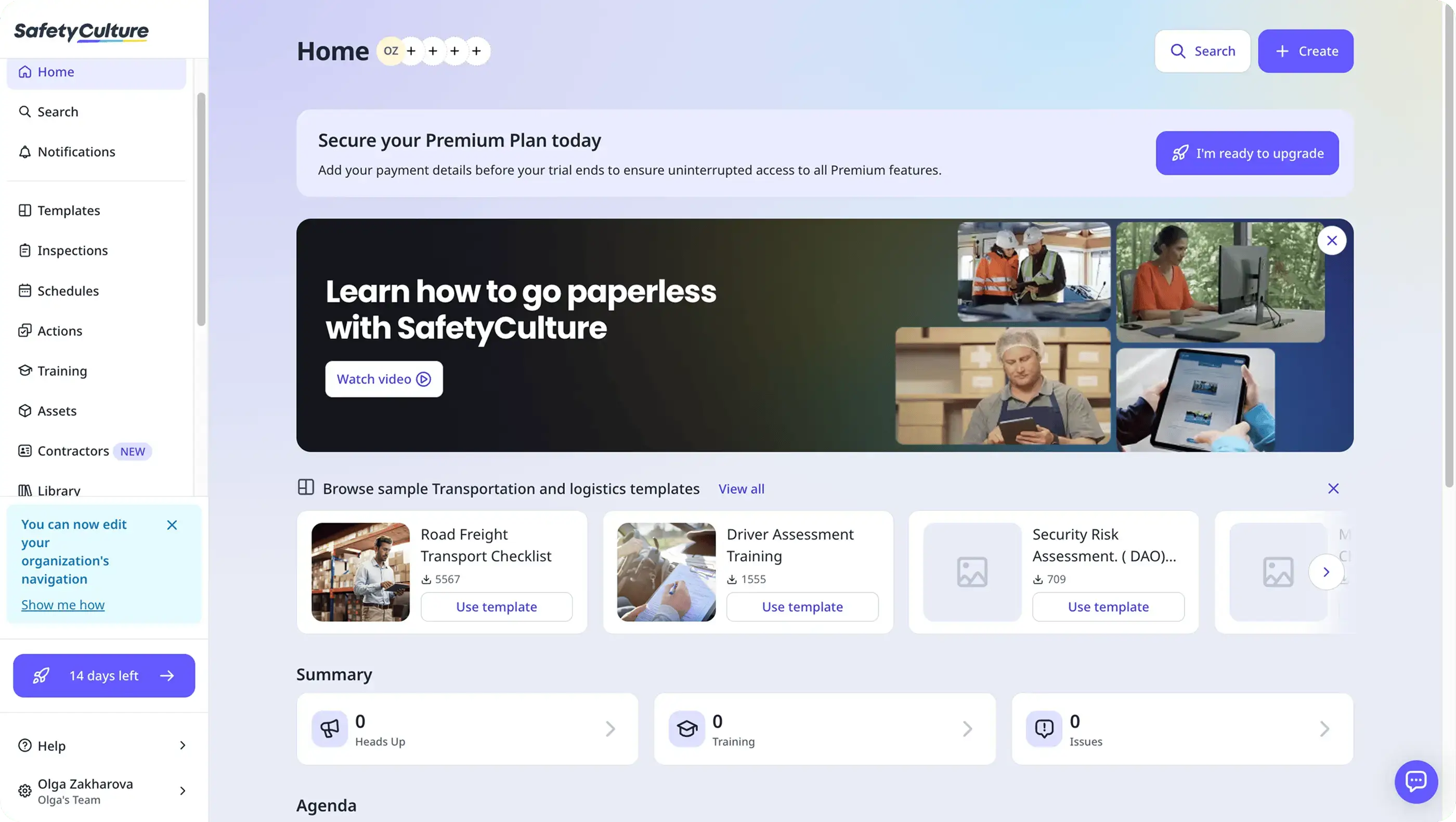 Dashboard on SafetyCulture home screen on web application