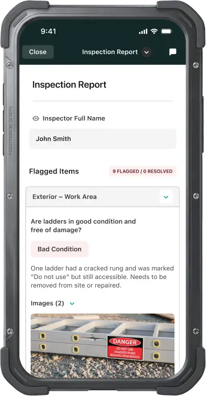 Mobile inspection report showing inspection items with bad condition table