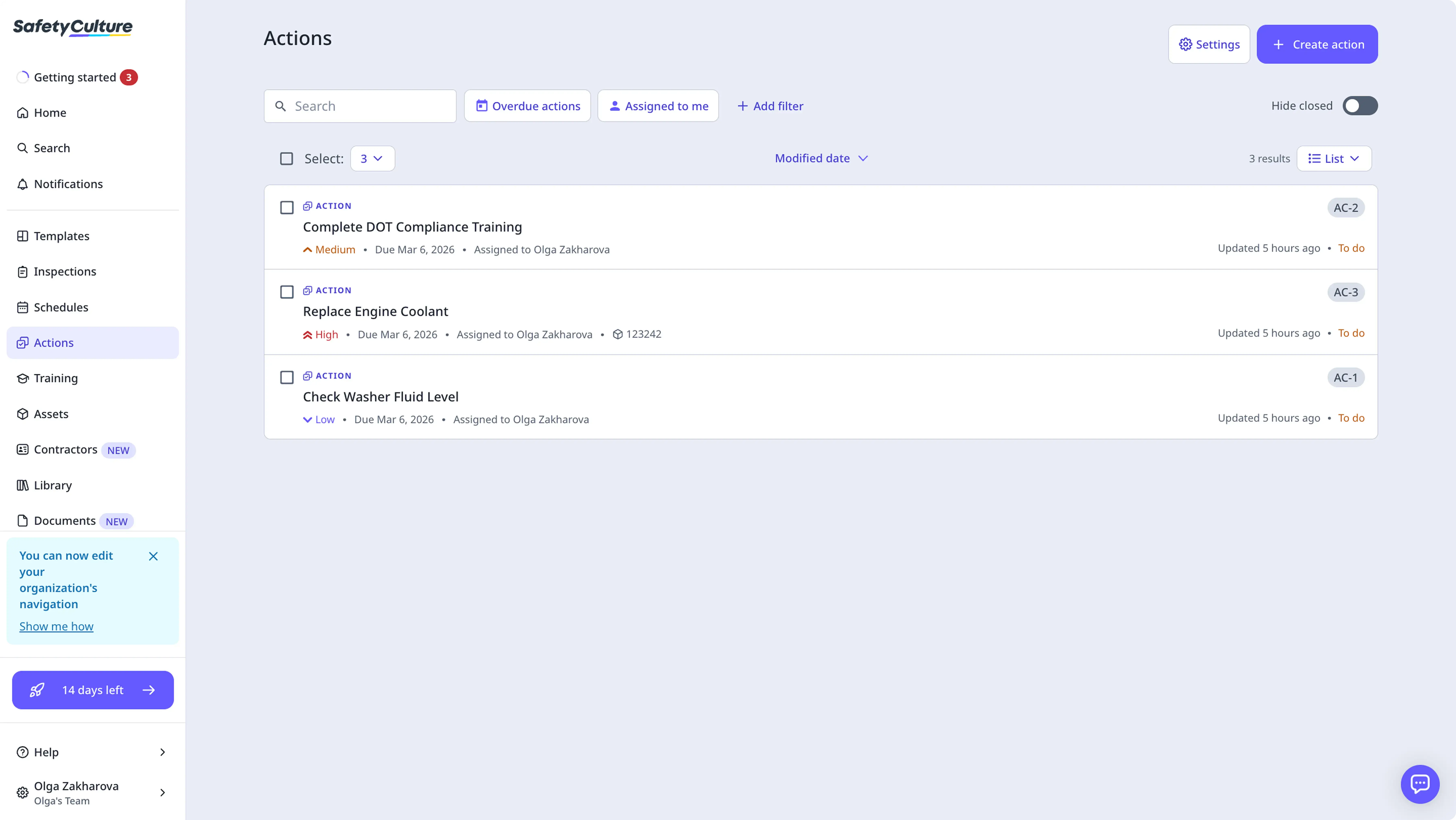Actions management menu in SafetyCulture web application