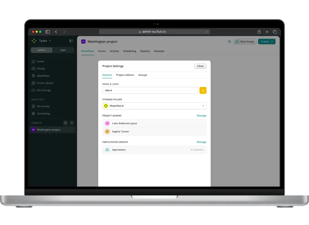Laptop with fleet project setting in Fluix admin panel on laptop