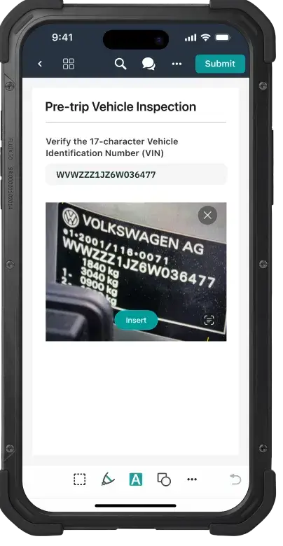 Mobile phone with pre-trip vehicle inspection checklist opened in Fluix app showing VIN number of inspected vehicle