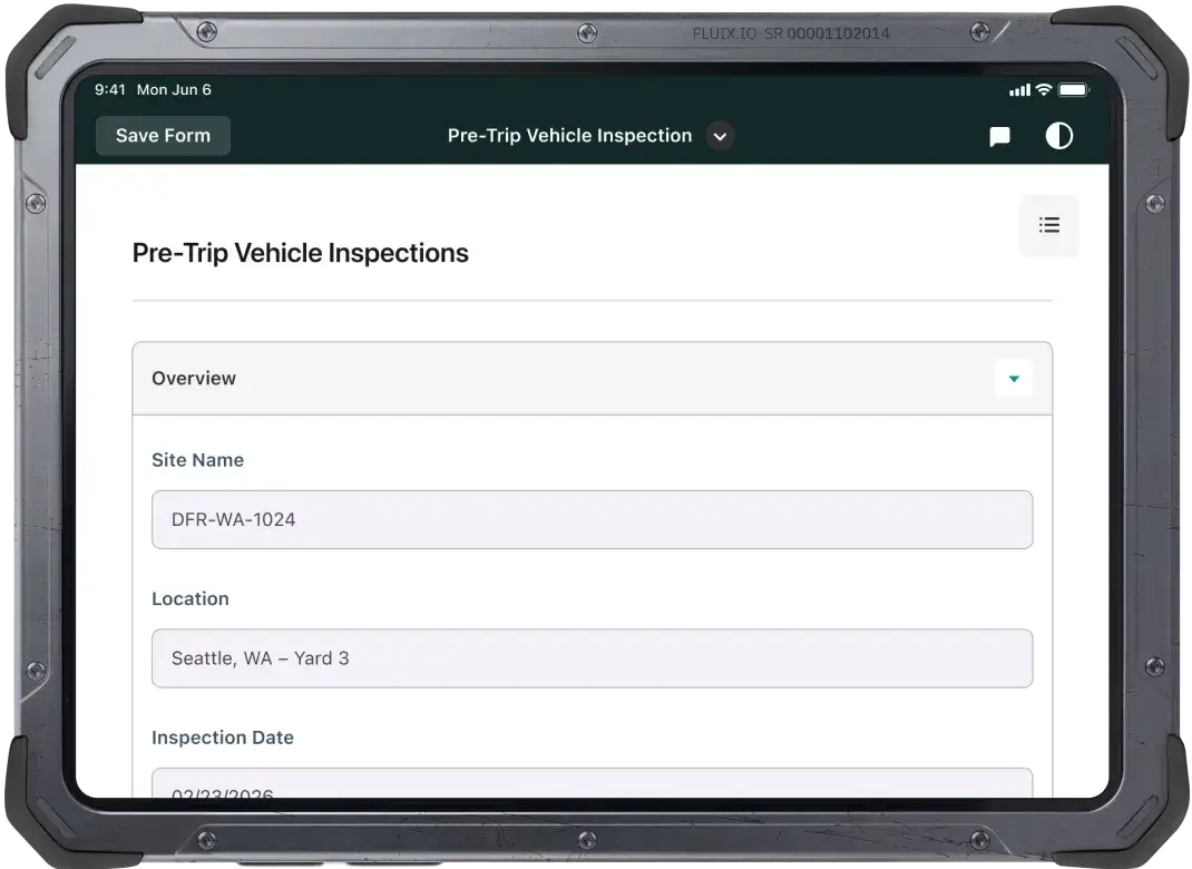 Tablet with pre-trip vehicle inspection checklist opened in Fluix app with inspection overview
