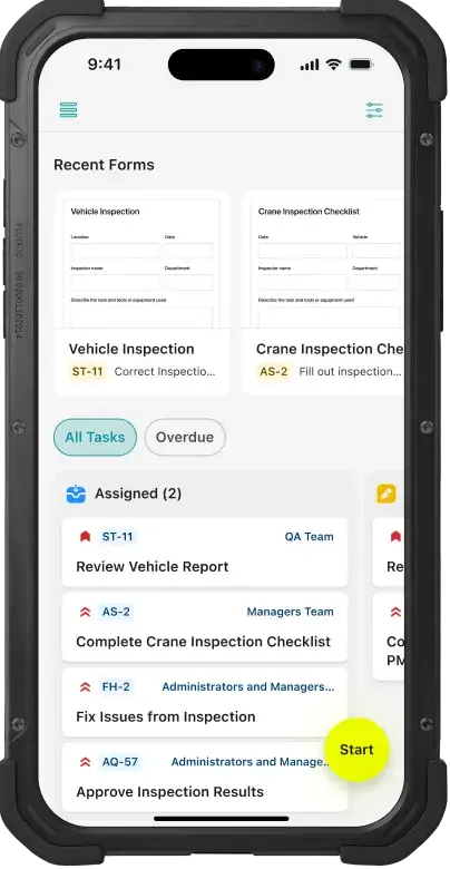Vehicle inspection templates and technician's tasks displayed in Fluix app on mobile phone