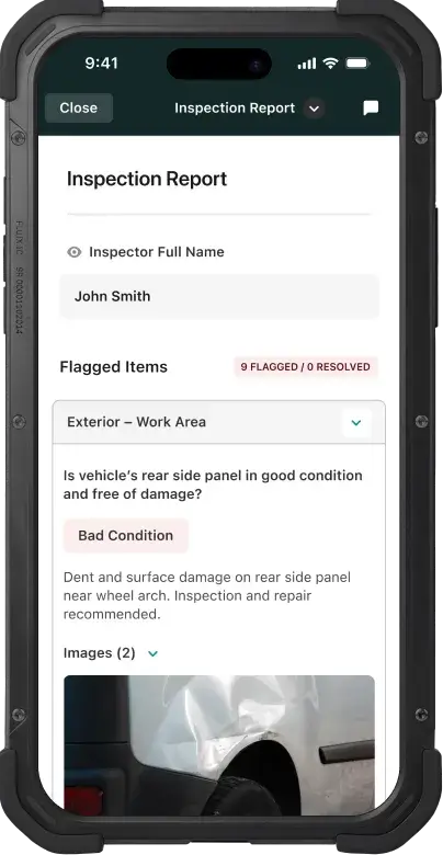 Mobile phone with vehicle inspection report opened in Fluix app showing issues found during inspections