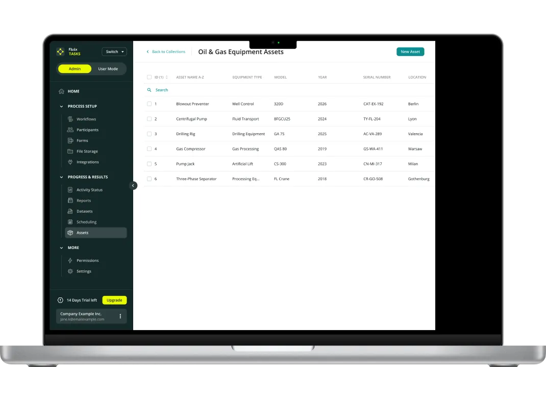 Asset database in Fluix with asset details, including equipment type, model, year, serial number, and location