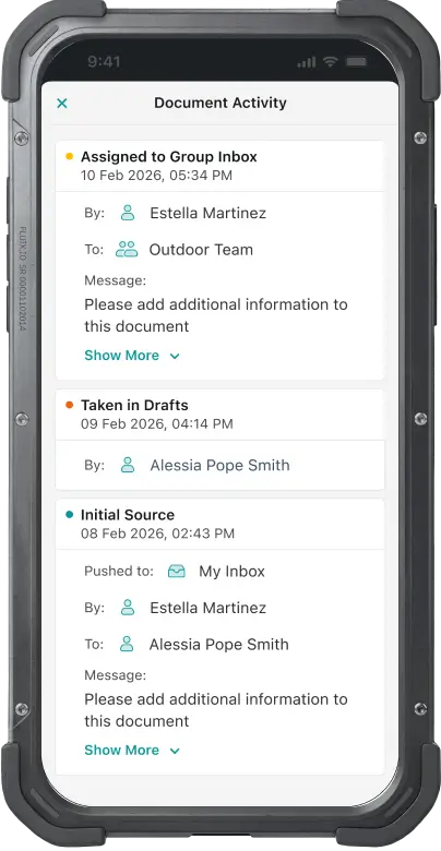 Audit Trail in Fluix: a mobile interface for document activity history with tracking of assignments, changes, and responsible parties