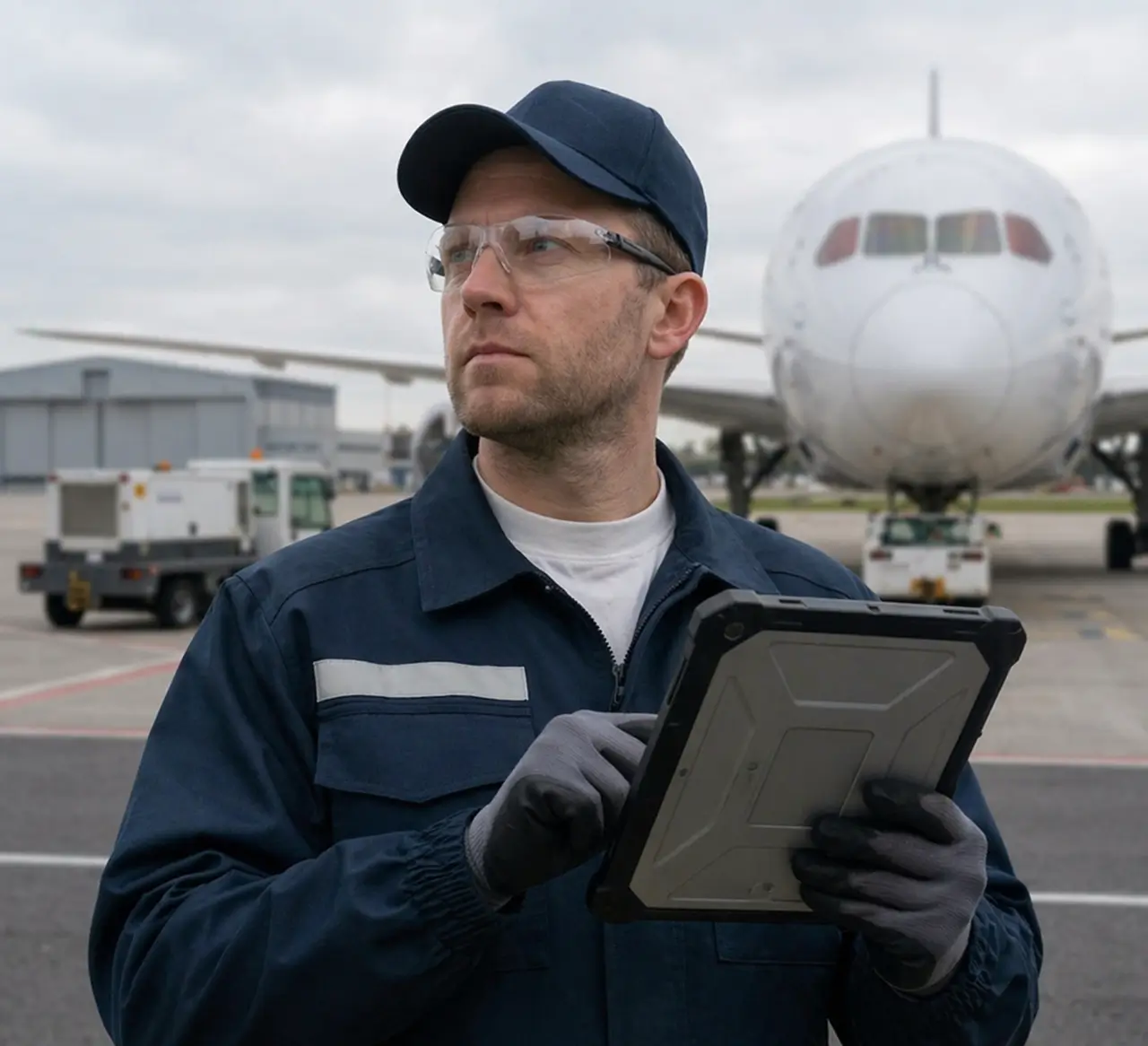An aviation technician in protective gear uses a secure tablet to conduct an inspection of an aircraft on the apron