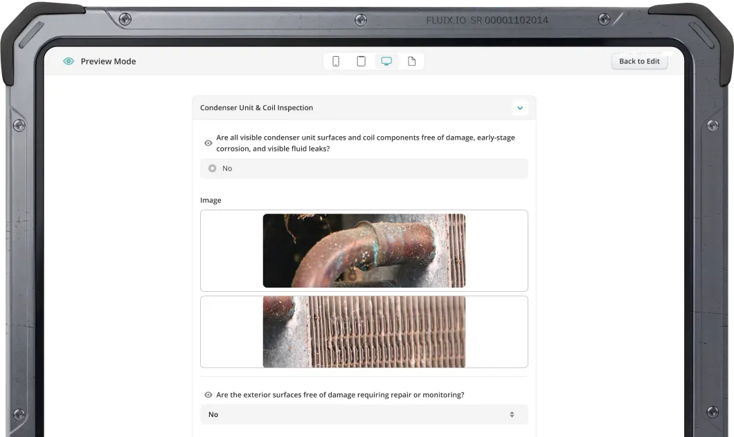 Condenser Unit & Coil Inspection form in Fluix with flagged corrosion and fluid leak findings, with photo evidence