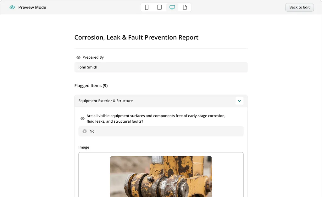 Corrosion, Leak & Fault Prevention Report created in the Dynamic Form Builder