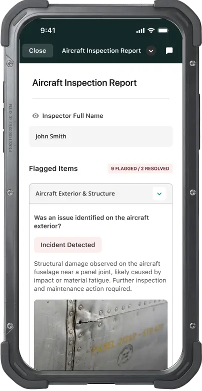 Fluix app for mobile aircraft inspections: technical condition report with recorded incident and photo of fuselage damage