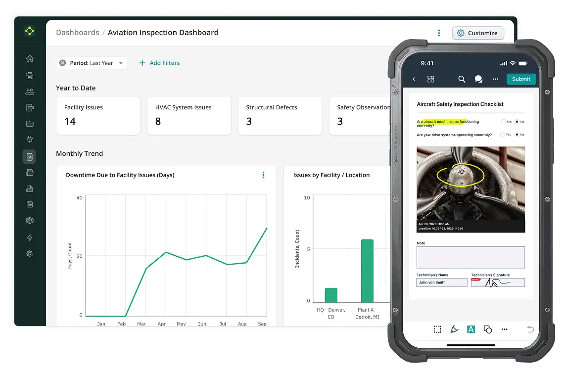 Fluix interface: an analytical dashboard of aviation inspections on the monitor and a mobile application with a digital aircraft safety checklist.