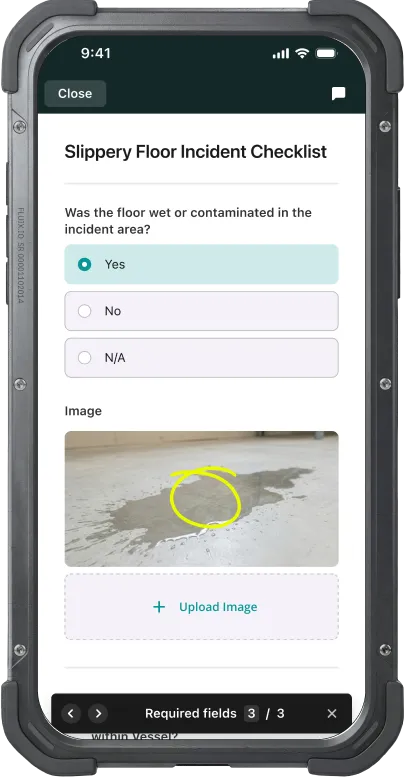 Fluix mobile app on iPhone with a Slippery Floor Incident Checklist