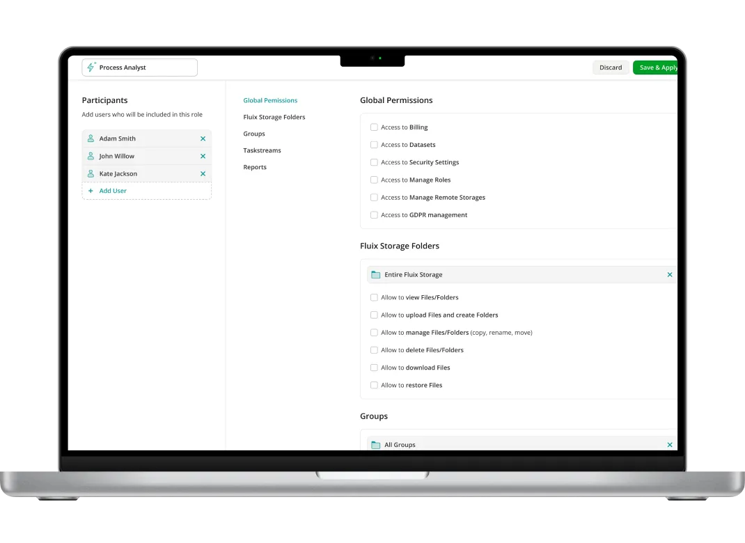 Fluix role configurations with granular permission settings covering global permissions, storage folder access, groups, workflows, and reports