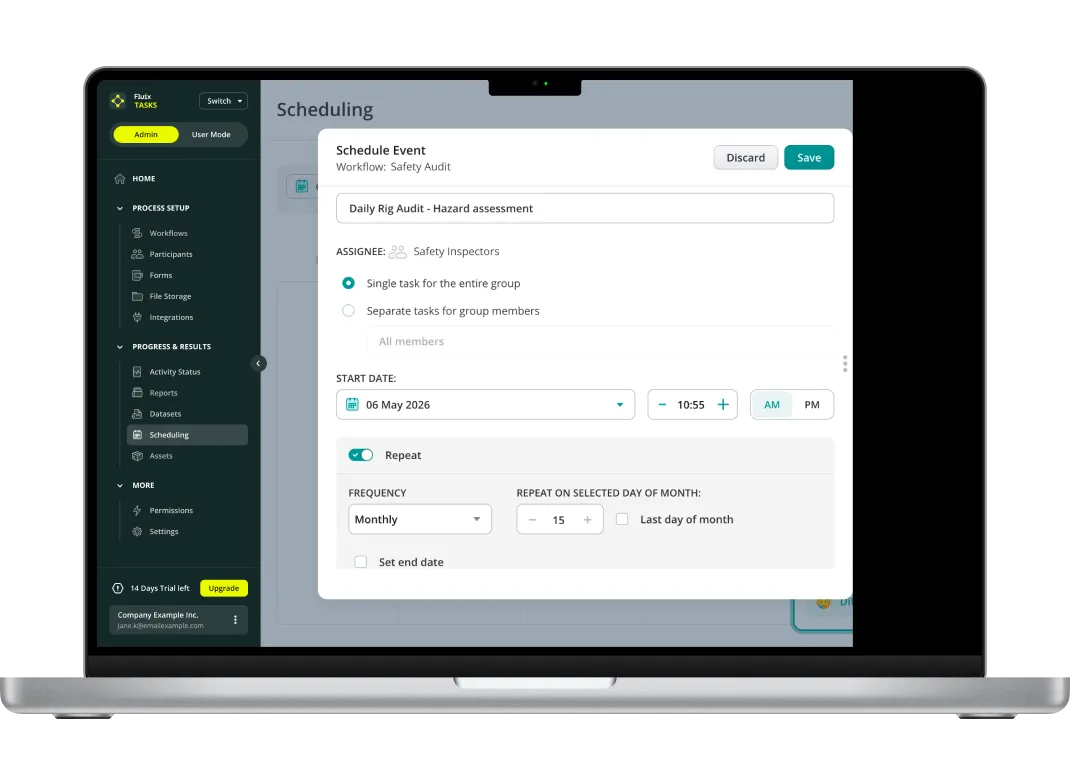 Scheduling screen on MacBook with a scheduled daily rig audit