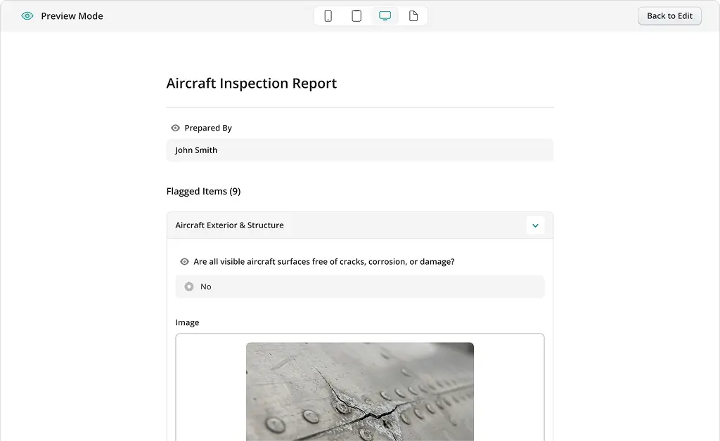 Fluix app Preview Mode shows a completed dynamic form with an Aircraft Inspection Report