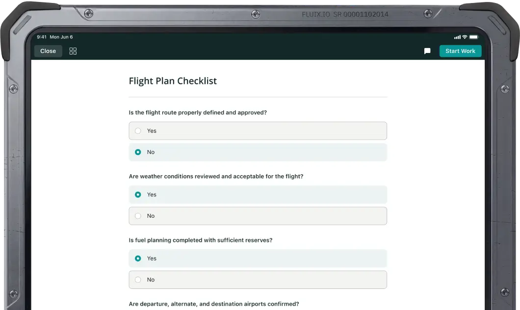 Fluix user app interface with Flight Plan Checklist dynamic form