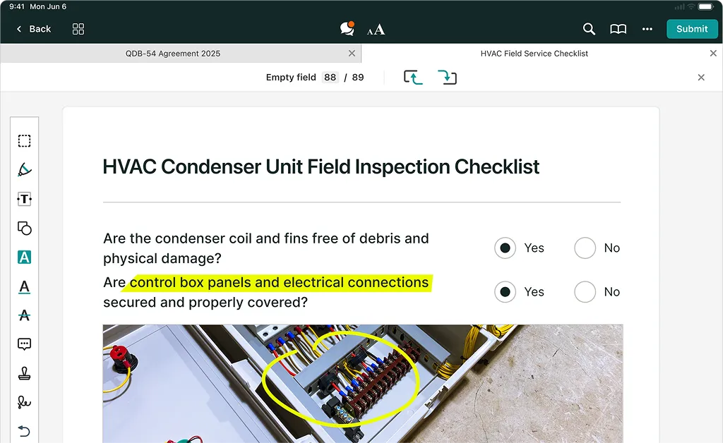 HVAC Condenser Unit Field Inspection Checklist in Fluix with photo evidence.