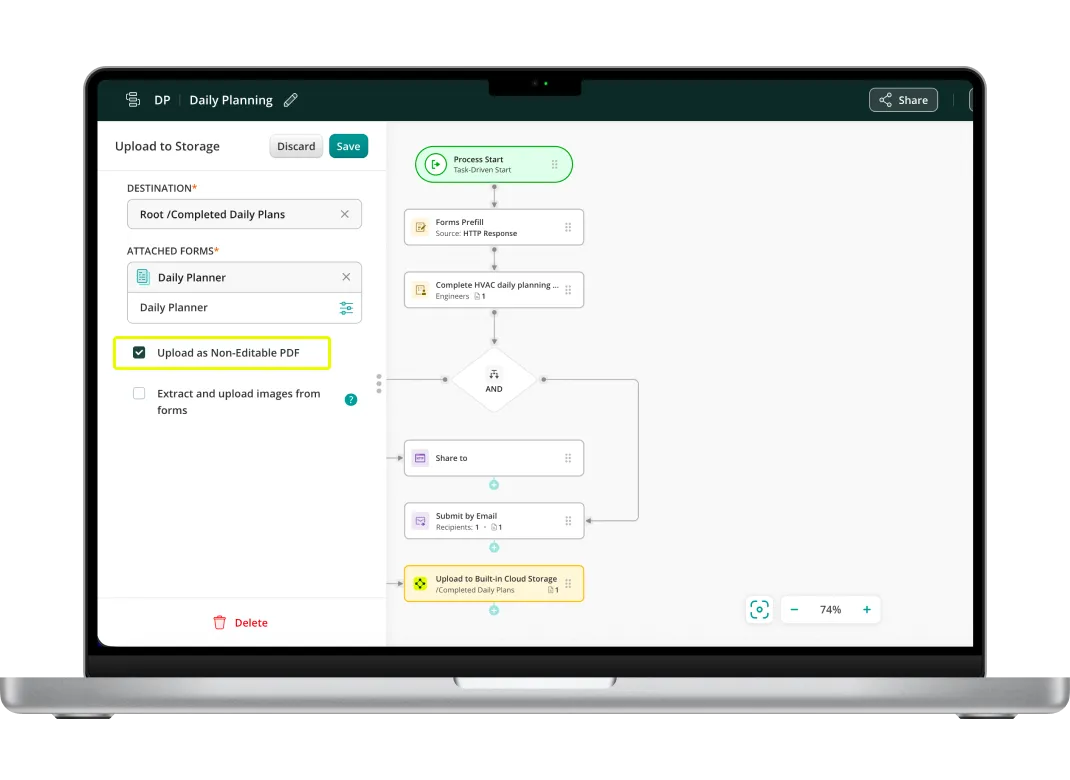 HVAC daily planning workflow in Fluix automating form prefill and engineer task assignment