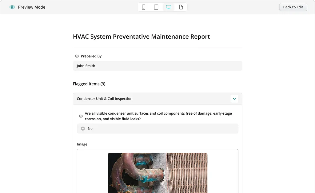 HVAC Preventative Maintenance Report with flagged coil corrosion finding in Fluix.