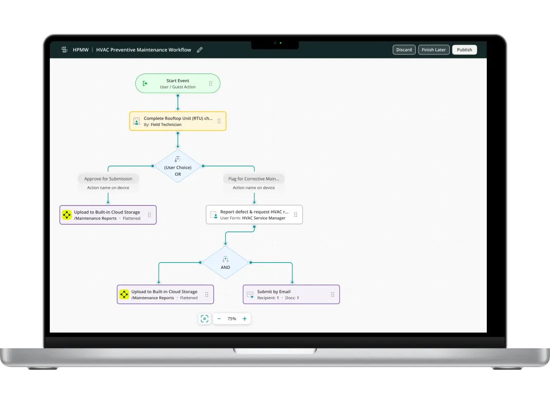HVAC Preventive Maintenance workflow with conditional routing and automated reporting, built in Fluix