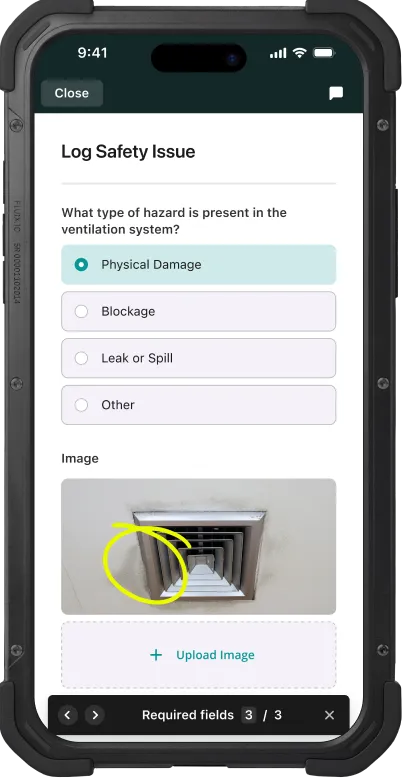 HVAC Safety Issue Report in Fluix with hazard type selection and annotated photo of a ventilation duct.