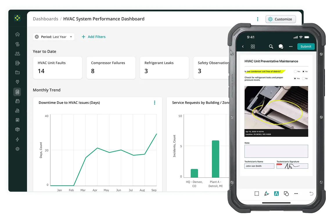HVAC System Performance Dashboard in Fluix, alongside a preventative maintenance checklist with photo evidence and technician sign-off completed in the field.