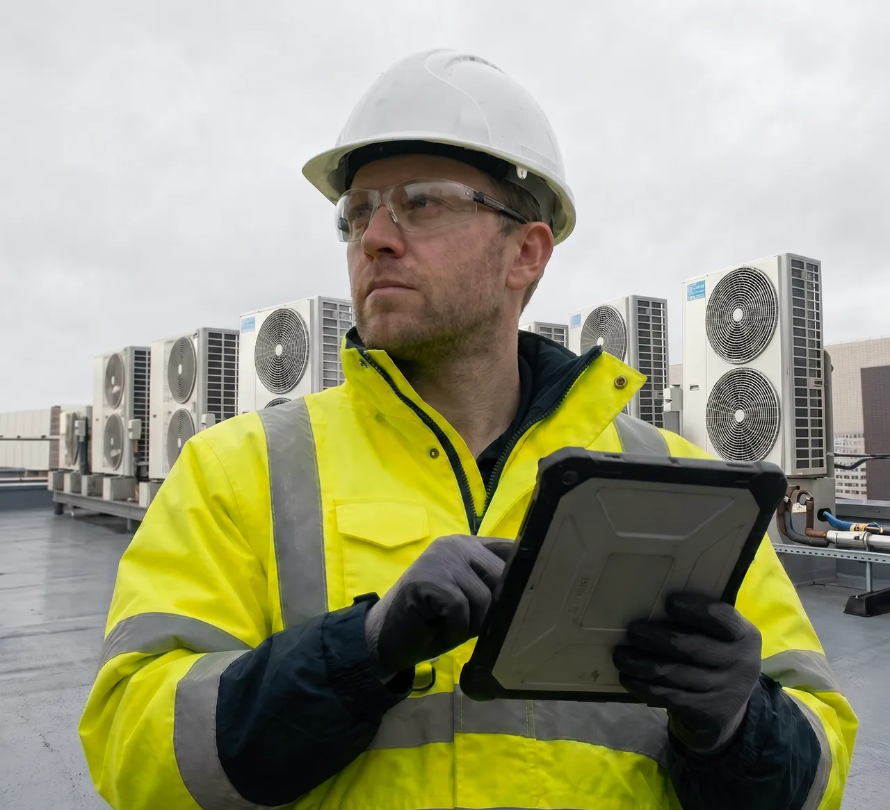 HVAC technician in PPE conducting a rooftop unit inspection