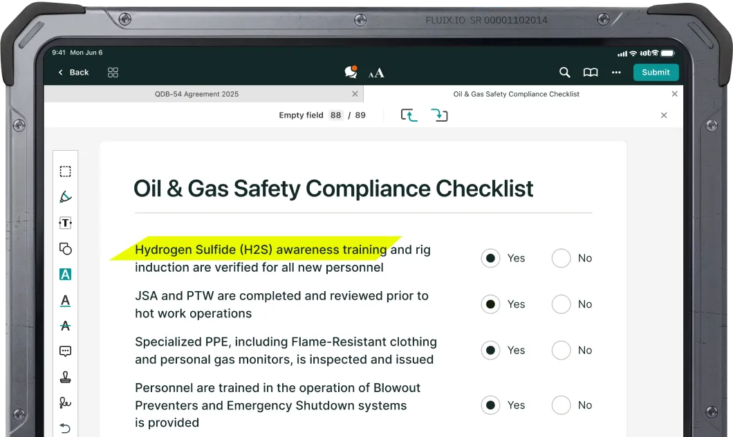 Oil & Gas Safety Compliance Checklist with items for H2S awareness training, JSA and permit-to-work completion
