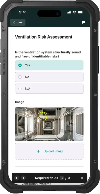 Ventilation Risk Assessment form in Fluix with the selected safe condition option and a photo of the ventilation duct.