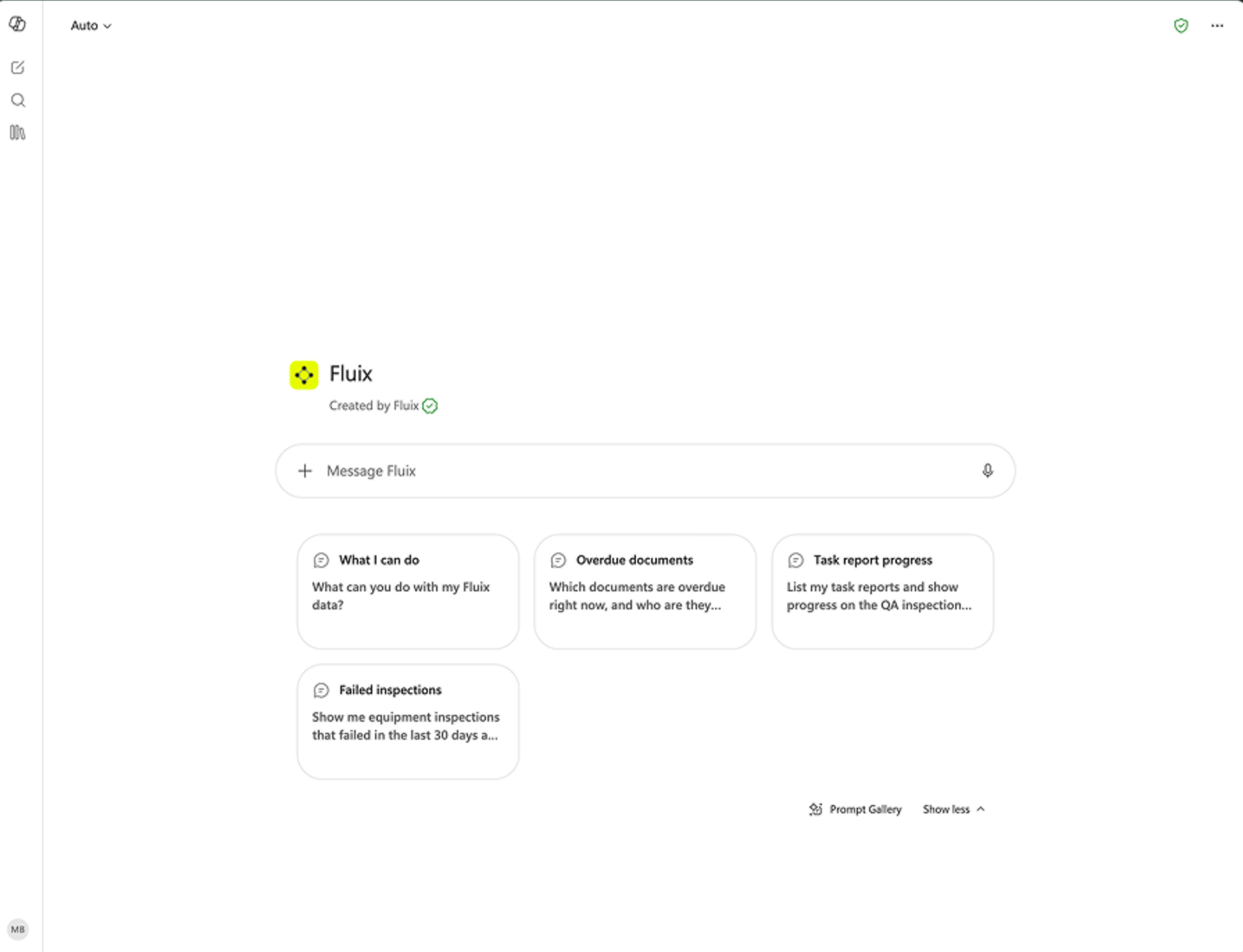 Fluix connector home screen showing suggested prompts for overdue documents, task progress, and failed inspections
