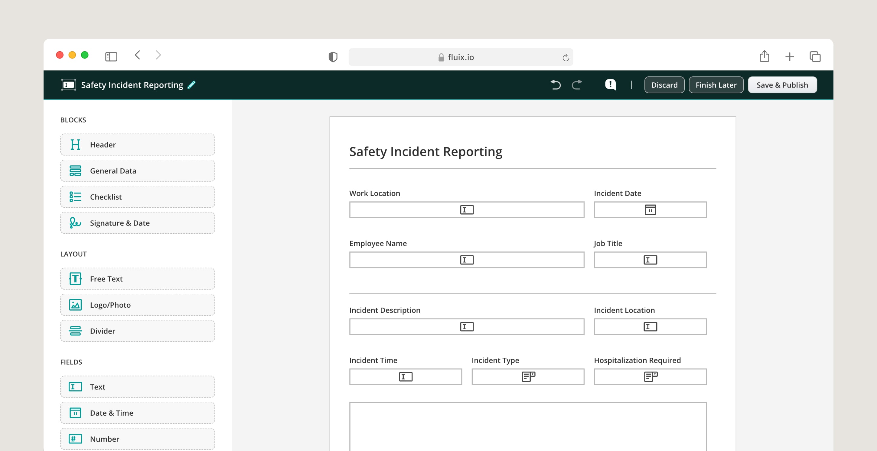 Safety Incident Report form being built using drag-and-drop blocks